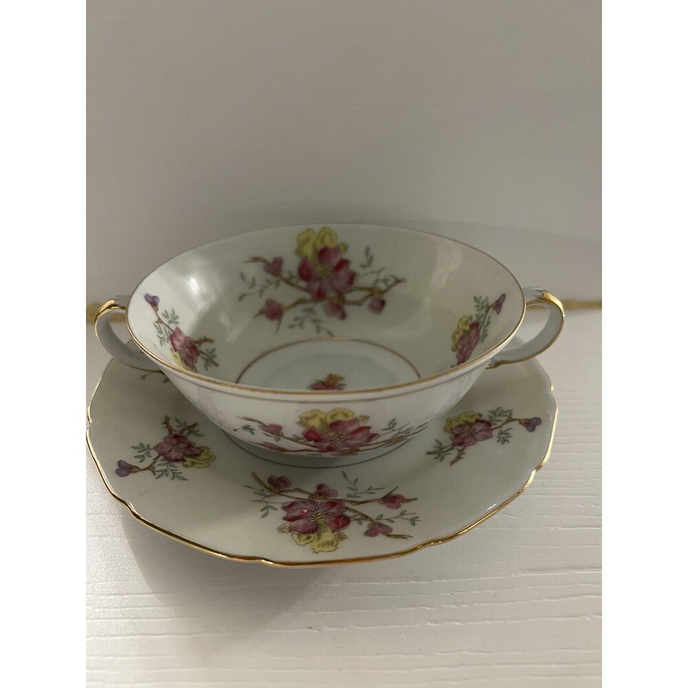 Flat Cream Soup Bowl & Saucer Set︱ Apple Blossom︱ Black knight︱1 set